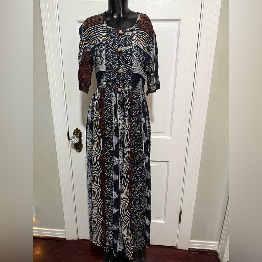 Vintage Womens Safari Jungle Animal Print Sheer Dress Size Medium Long Buttons